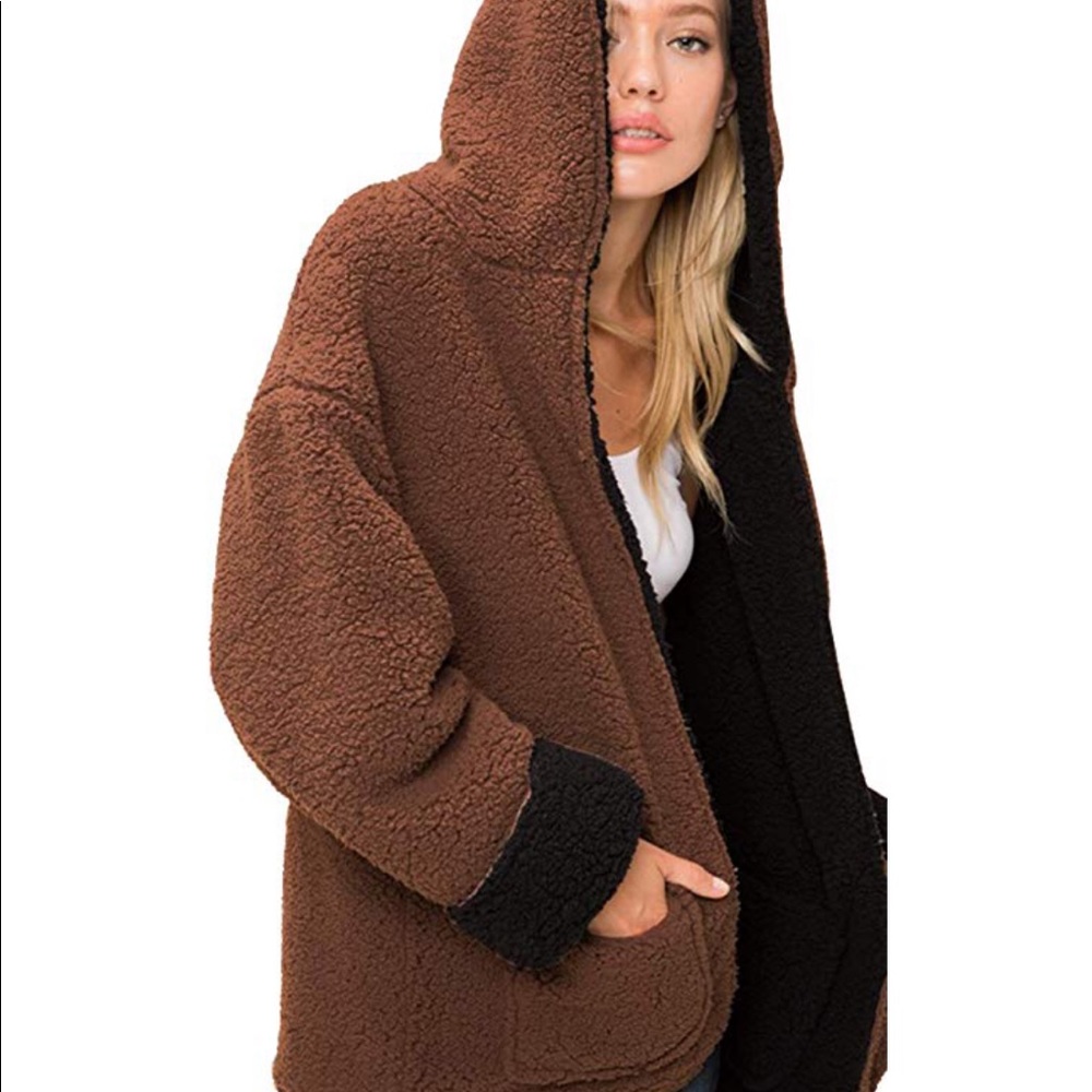 Reversible faux fur Sherpa teddy bear jacket black - Picture 6 of 8